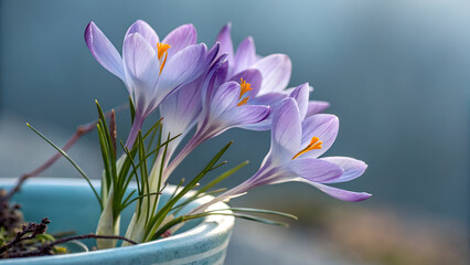 Purple crocus flowers in light blue ceramic pot close-up