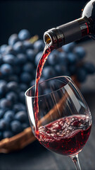 Red wine pouring from bottle with grapes in background