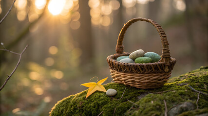 Woven basket with stones and yellow leaf on mossy rock