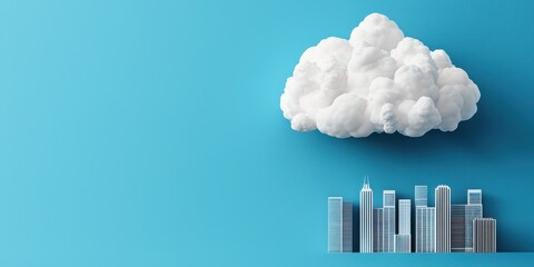 Fototapeta premium economy business sustainability concept. A cloud floats above a stylized city skyline on a bright blue background.