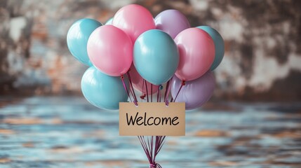 Pastel Balloons with Welcome Sign Against Abstract Background - Celebration and Festivity