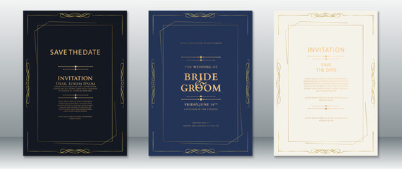 Geometric wedding invitation card set with luxurious golden line borders on black, navy blue, and cream backgrounds. Perfect for elegant events, save the date, and formal wedding announcements.