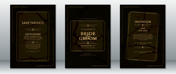 Sophisticated black and gold wedding invitation card design with marble texture and modern gold frame lines. Perfect for formal events, save the date cards, and luxury wedding stationery.