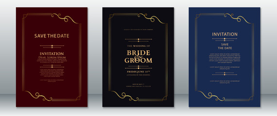 Elegant classic wedding invitation templates featuring vintage gold line frames on dark burgundy, navy blue, and black backgrounds.  
