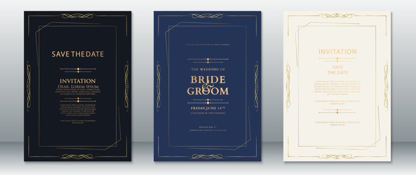 Geometric wedding invitation card set with luxurious golden line borders on black, navy blue, and cream backgrounds. Perfect for elegant events, save the date, and formal wedding announcements.