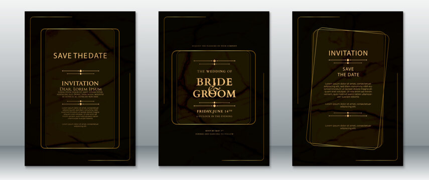 Sophisticated black and gold wedding invitation card design with marble texture and modern gold frame lines. Perfect for formal events, save the date cards, and luxury wedding stationery.