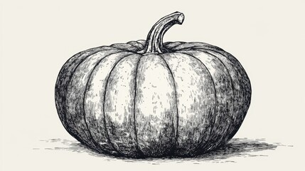 Vintage ink sketch of a round pumpkin with short stem and textured surface on light background in rustic style.