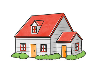 Classic Watercolor House with Red Roof Cartoon and Plant Isolated Illustration Painting on White Background perfect for Kid Novel or Imagination Traditional Residence Concept