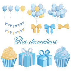 Blue and yellow party decorations Balloons bows presents Its a boy Baby shower