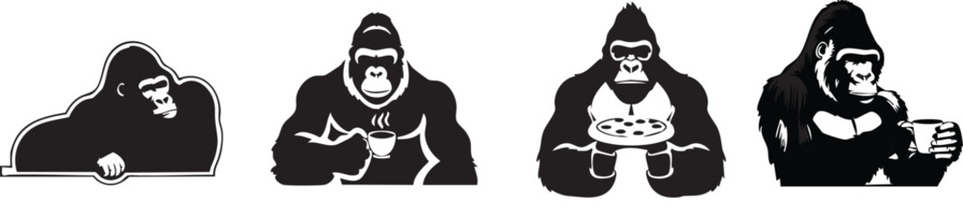 Four gorilla illustrations in black and white showing different activities on a white background