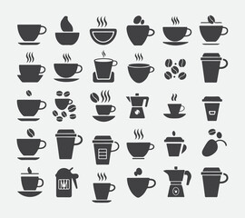 Simple monochrome coffee symbols grid with steaming cups saucers and scattered coffee beans