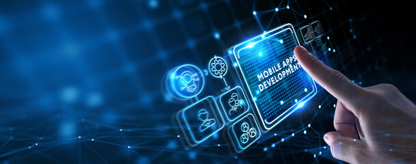 Fototapeta premium Inscription MOBILE APPS DEVELOPMENT on the virtual display. Cloud technology concept. 3d illustration