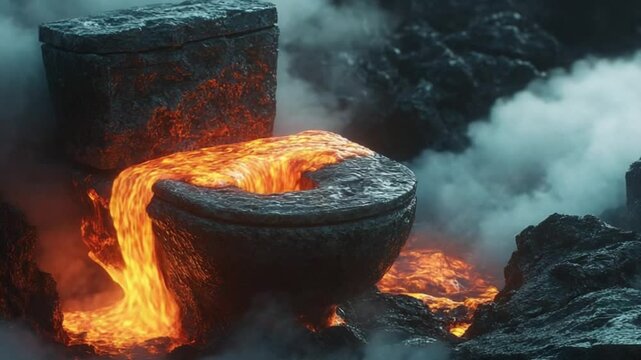 Lava flows into a stone toilet