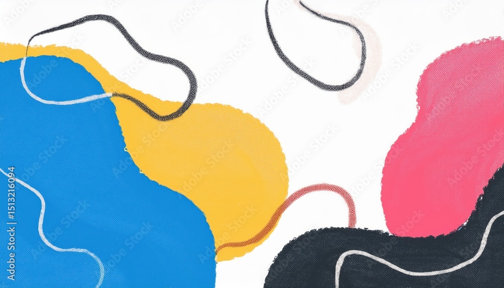 Poster abstract organic blobs with halftone texture in primary colors for modern branding, web design, or poster background with playful minimalist shapes and dynamic visual movement

