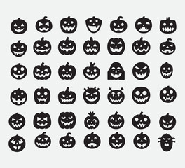 Collection of twenty spooky jack o lantern silhouettes with varied scary faces