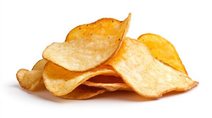 Golden Crisps: Stacked Potato Chips on White Background for Snack Food Concepts