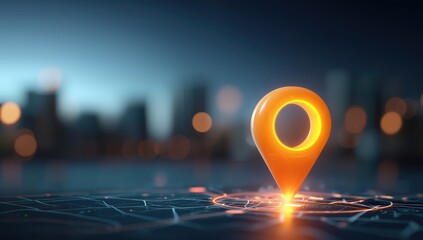 Abstract navigational location pin with bright glowing orange light effects on a blurred urban cityscape backdrop, designed as a canvas-style digital map illustration symbol for travel and guidance. H