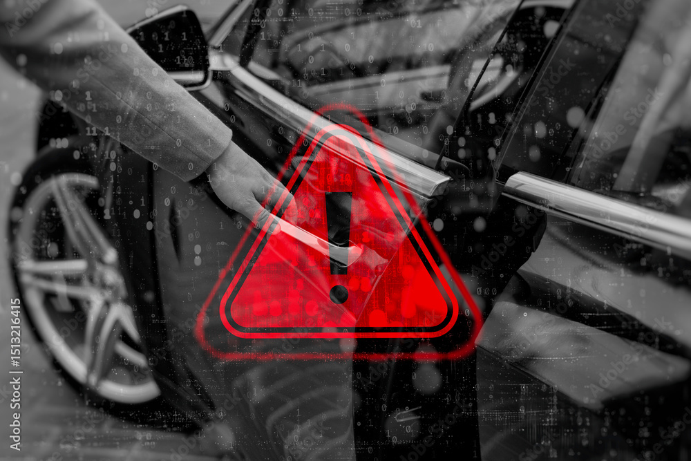 Poster a driver opens a door in a modern vehicle with a red warning sign and an overhead digital code. conc