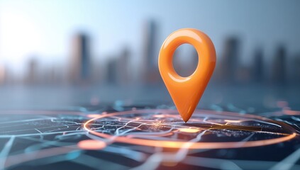 Abstract navigational location pin with bright glowing orange light effects on a blurred urban cityscape backdrop, designed as a canvas-style digital map illustration symbol for travel and guidance. H