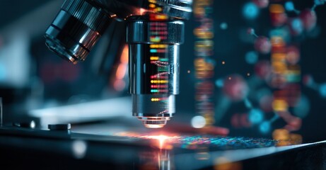 Microscope analyzing sample data with illuminated precision in a dark lab environment. The lens is focused on a grid pattern.