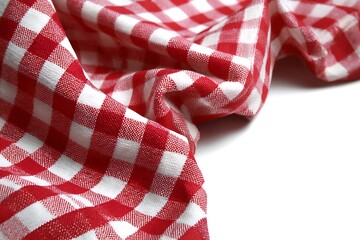 Fototapeta premium Gingham red fabric wrinkles white background text space shot 