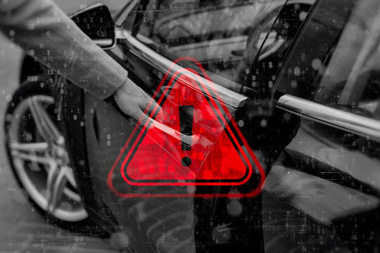 A driver opens a door in a modern vehicle with a red warning sign and an overhead digital code. Concept of cybersecurity risks, hacking threats and digital security.