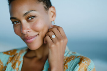 Beautiful woman showing engagement ring and smiling at beach
