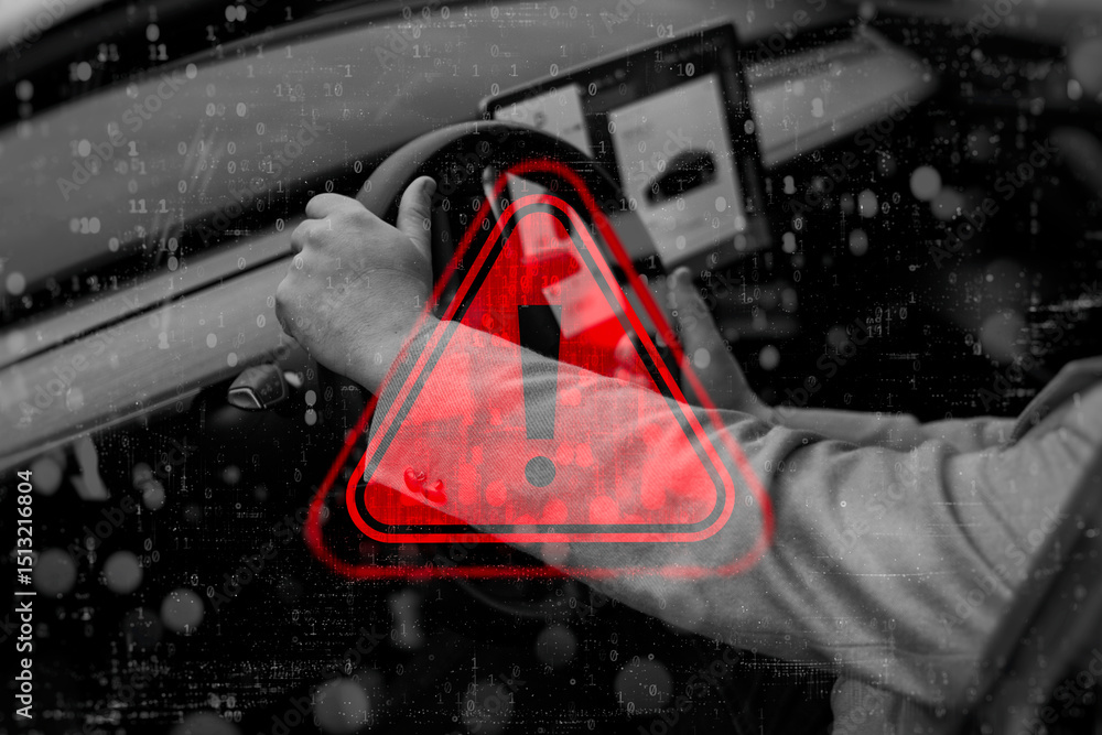 Poster a driver holds the steering wheel in a modern car with a red warning sign and an overhead digital co