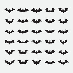 Black bat vector illustrations with wide wingspan arranged neatly on clean background