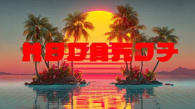 Vaporwave sunset with palm trees island and japanese letters retro style landscape