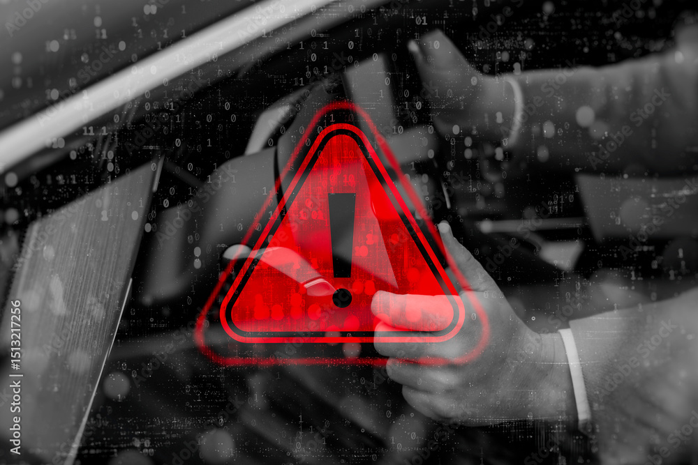 Poster a driver holds the steering wheel in a modern car with a red warning sign and an overhead digital co