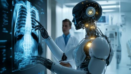 Futuristic robot analyzes chest X-ray in modern hospital with a doctor observing the high tech process. - Powered by Adobe
