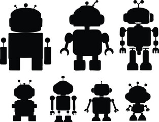 A collection of six black robot silhouettes on a white background in a graphic design style layout