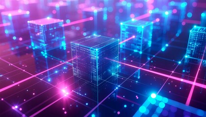 Obraz premium Digital blocks connected with glowing lines representing blockchain network