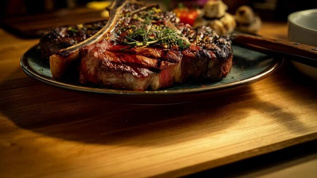 Grilled t-bone steak plated with fresh herbs and vegetables, featuring a rich, smoky sear and appetizing, juicy center, on a wood surface.