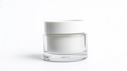 A white cylindrical jar with a clear plastic base and a white lid, sitting on a white background