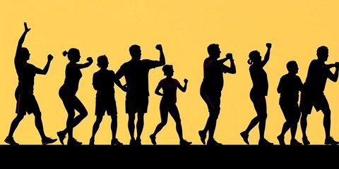 Active seniors performing various fitness exercises, vector silhouettes,  illustration,  healthy