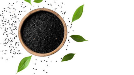 A wooden bowl filled with black seeds surrounded by green leaves  top view shot isolated on transparent background