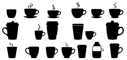 Collection of coffee cup silhouettes, various shapes and sizes, vector icons,  cappuccino,  vector