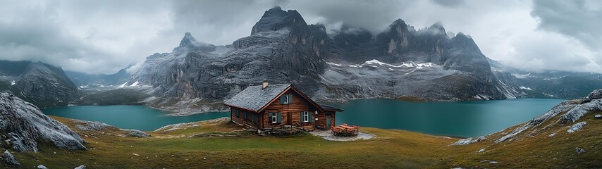 Mountain hut by alpine lake