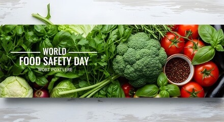 Celebrating world food safety day with fresh vegetables and herbs for healthy eating. Horizontal banner. Copy space. Healthy food concept