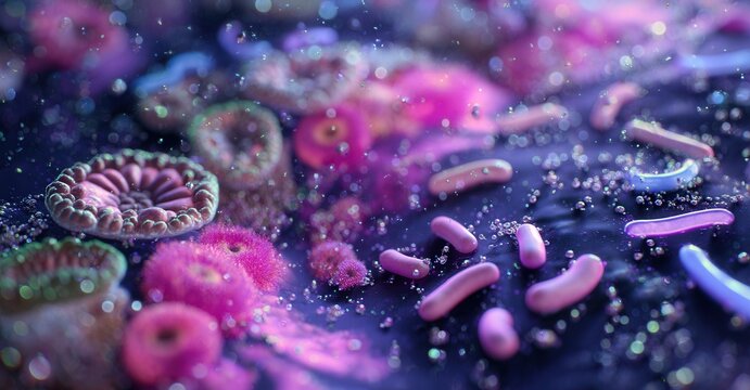 Microscopic life thrives: Coral-like structures and bacterial forms create a surreal, vibrant underwater scene in shades of pink and blue. - Powered by Adobe