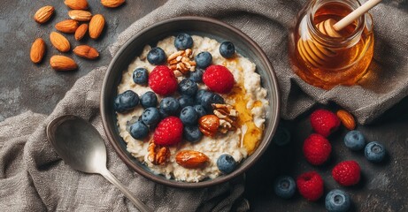 Delicious breakfast bowl with fresh berries and nuts, topped with honey, sitting on a gray surface. A healthy way to start the day.