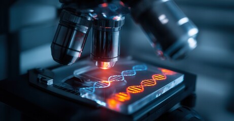 Microscope examining DNA. Medical research and scientific study of genetics for health and disease. DNA sequencing and genome mapping.