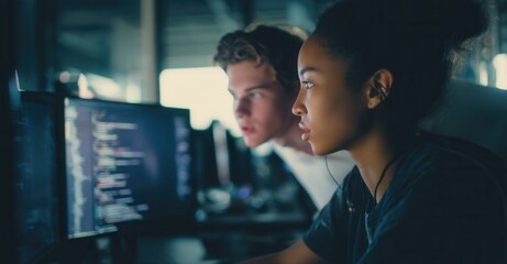 Two individuals collaborating on a project, focused on computer screens displaying code, set in a dimly lit workspace.