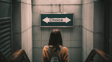Abstract image of a woman standing before a sign with the word "Choice" at a crossroads symbolizing the heavy emotional burden and uncertainty tied to critical life decisions