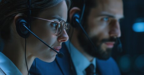 Focused agents wearing headsets in a call center. They are working diligently, providing customer service and technical support, in an office.