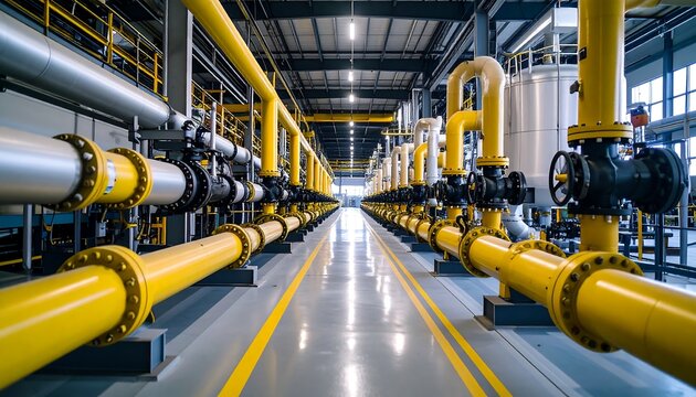Industrial Interior View of Yellow Pipelines Across Concrete Floor