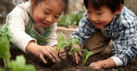 Two young children planting seedlings in rich soil. Their hands are covered in dirt as they carefully place plants in the garden.