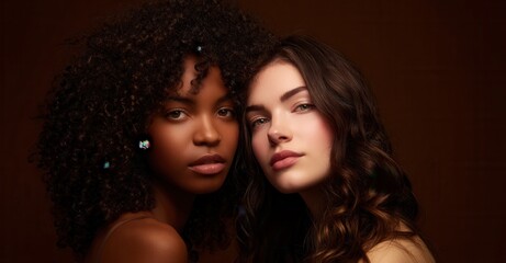 A portrait of two beautiful women with contrasting features, showcasing their unique beauty against a dark brown backdrop.